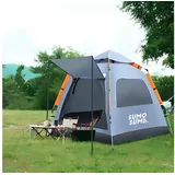 Sumosuma Kuppelzelt Campingzelt Automatisches, UV-Schutz Pop Up Zelt, with Vestibule, Personen: 4, Wasserdicht & Winddicht, Doppeltürig mit vier Fenstern mit Tragetasche grau|weiß 210 cm x 240 cm x 145 cm