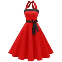 Timormode Damen Vintage Cocktailkleid Knielang Neckholder Swing Retro Rockabilly Kleid XXXL Rot - 3XL