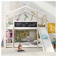 XDeer Etagenbett Kinderbett Baumhaus mit Rutsche & Leiter 90 x 200 cm, Hochbett für Kinder– 2x Lattenrost- Natur & Weiß