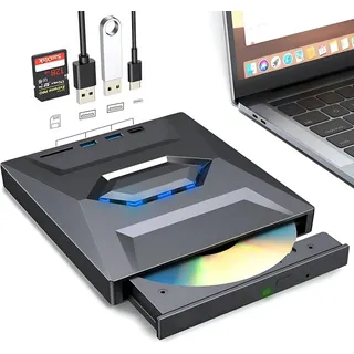 ZELURXX 4 in 1 CD/DVD Brenner, Multifunktionales, Externes DVD Laufwerk, SDKartensteckplatz, mit USB 3.0/Type-C , 15,5 x 14,3 x 2,3 cm, Schwarz
