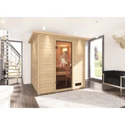 Sauna KARIBU "Anja (Fronteinstieg)", beige (naturbelassen), (ohne Ofen), Saunen, inklusive Ofenschutzgitter und Tür
