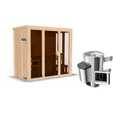 Woodfeeling Karibu Sauna Irava 2 - 68 mm Systemsauna - 230 Volt Plug & Play Bronzierte Ganzglastür Ohne Dachkranz 3,6 kW Ofen mit externer Steuerung Easy inkl. 8-teiligem gratis Zubehörpaket (Gesamtwert 191,92€)