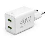 Hama Schnellladegerät, GaN, 2x USB-C, Super-Mini-Ladegerät, PD, 40 W, Weiß