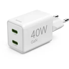Hama Schnellladegerät, GaN, 2x USB-C, Super-Mini-Ladegerät, PD, 40 W, Weiß