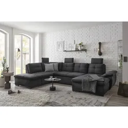 Wohnlandschaft ED EXCITING DESIGN "Alija U-Form", schwarz, B:334cm H:107cm T:217cm, 100% Polyester, Sofas, mit Bettfunktion, Bettkasten, Armteilverstellung & Kopfstützen