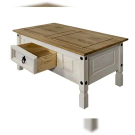 möbelliebling Couchtisch 100 x 60 cm mit Schublade Pinienholz weiß honigfarben lasiert MEXICO