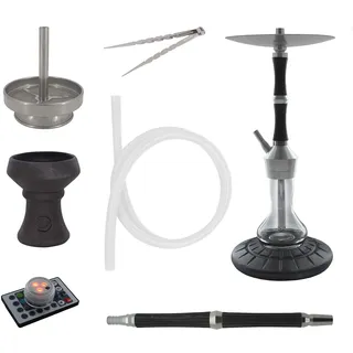 Skynet® ENZO Shisha Set Hookah 62cm Holz Wood Optik V2A Edelstahl + LED + Davinci Steinkopf | Wasserpfeife Komplett Silikonschlauch Holzmundstück Kaminaufsatz 18/8 Schliff schöne Bowl (Black Shoot)