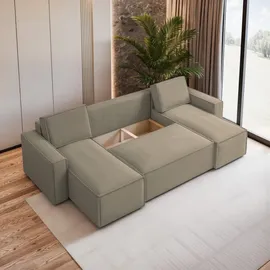 masseno Eckcouch Polyester U-Form mit Schlaffunktion 2-Sitzer Beige