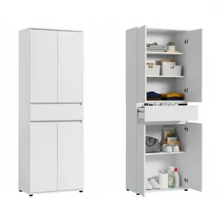 home collective Schrank 60 cm breit mit 4 Türen & Schublade, Vielseitiger Aufbewahrungsschrank Mehrzweckschrank mit 3 Einlegeböden, Schmaler Schrank für Haushalt, Büro, Schlafzimmer, 64x34x180 | Weiß