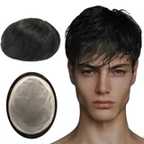 Lordhair Toupet für Männer Haarersatz Systeme Mann, natürliche atmungsaktive Mono-Spitze mit PU-Echthaarperücken für Männer Schwarz Basisgröße (Off Schwarz 1B#,100% Dichte)