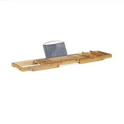 Relaxdays Badewannenablage Bambus, ausziehbares Badewannenbrett mit Buchstütze und Glashalter, HBT: 19x107,5x23cm, natur
