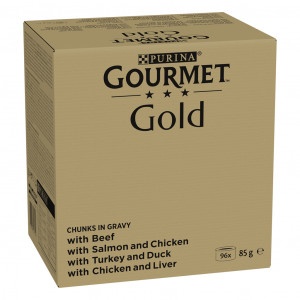 Gourmet Gold Fijne Hapjes in saus met rund, kip-lever, zalm-kip, kalkoen-eend natvoer kat (85 g)  96 x 85 g
