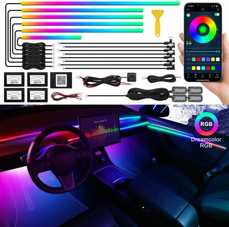 Dreamcolor LED-Streifenleuchte aus Acryl für Auto-Innenraum mit kabelloser App-Steuerung, RGB 18-in-1, 175 Zoll, 593 LEDs, Faseroptik-Ambient-Lichter-sets, 16 Millionen Farben, Ton-Aktivierungsfunktion, Auto-Neon-Lichter