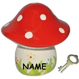 alles-meine.de GmbH Sparschwein - Pilz - incl. Name - Porzellan/Keramik mit Schlüssel - Pilze Sparen - stabile Sparbüchse Spardose Kinder Figur groß Glückspilz