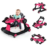 COSTWAY 4 in 1 Lauflernhilfe, Lauflernwagen klappbar mit einstellbarer Höhe & Geschwindigkeit, Baby Walker Autoförmig mit Musikbox, Licht & Rädern, Gehfrei Baby ab 6 Monaten, 12kg Belastbar (Rosa)