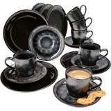 Mambocat 18tlg. Kaffeeservice Reactive Glaze Grey Black Steingut Teller Tasse Schwarz