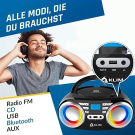 Klim Boombox B3 Tragbarer CD Player + FM Radio, CD, MP3, Bluetooth, AUX, USB, RGB LED + Kabel- & kabelloser Betrieb mit wiederaufladbaren Akku + Verbesserte CD-Laserlinse + Digitaler EQ + Version
