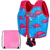 Go Swim Schwimmweste – *Inklusive kostenloser Schwimmtasche* Kinder-Schwimmjacke mit festem Auftrieb und Sicherheitsgurt (Fab Flamingos, S (15-19kgs))
