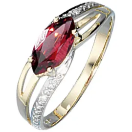 Jobo Diamantring, 585 Gold bicolor mit Granat und 2 Diamanten gelb|goldfarben 54