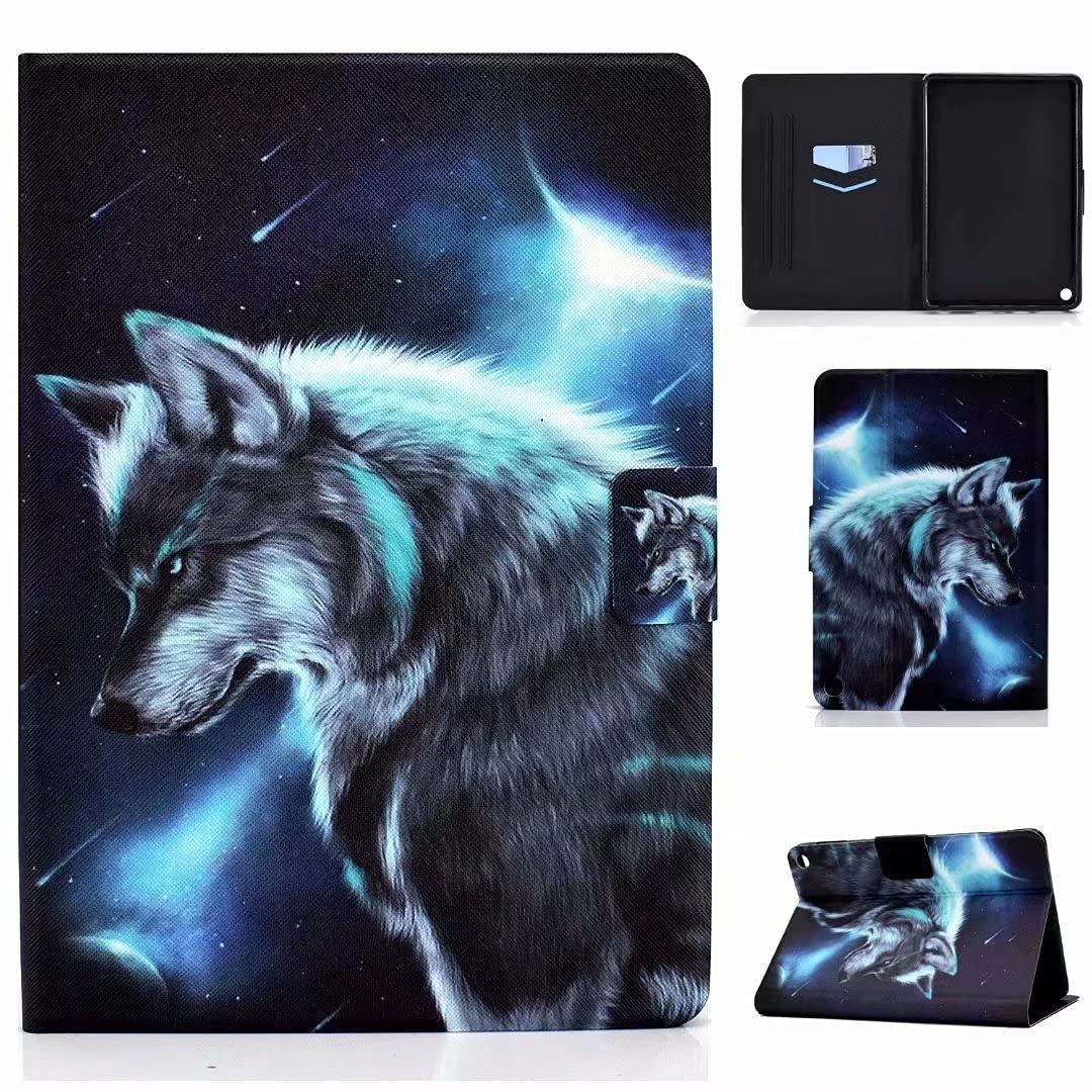 Kompatible für Tablet Hülle Samsung Galaxy Tab a 10.1 2019 SM T510/T515 Case PU Leder Tasche Schutzhülle Flip Cover Abdeckung Klapphülle Ständer Fächer Magnet Deckel Schale Wolf