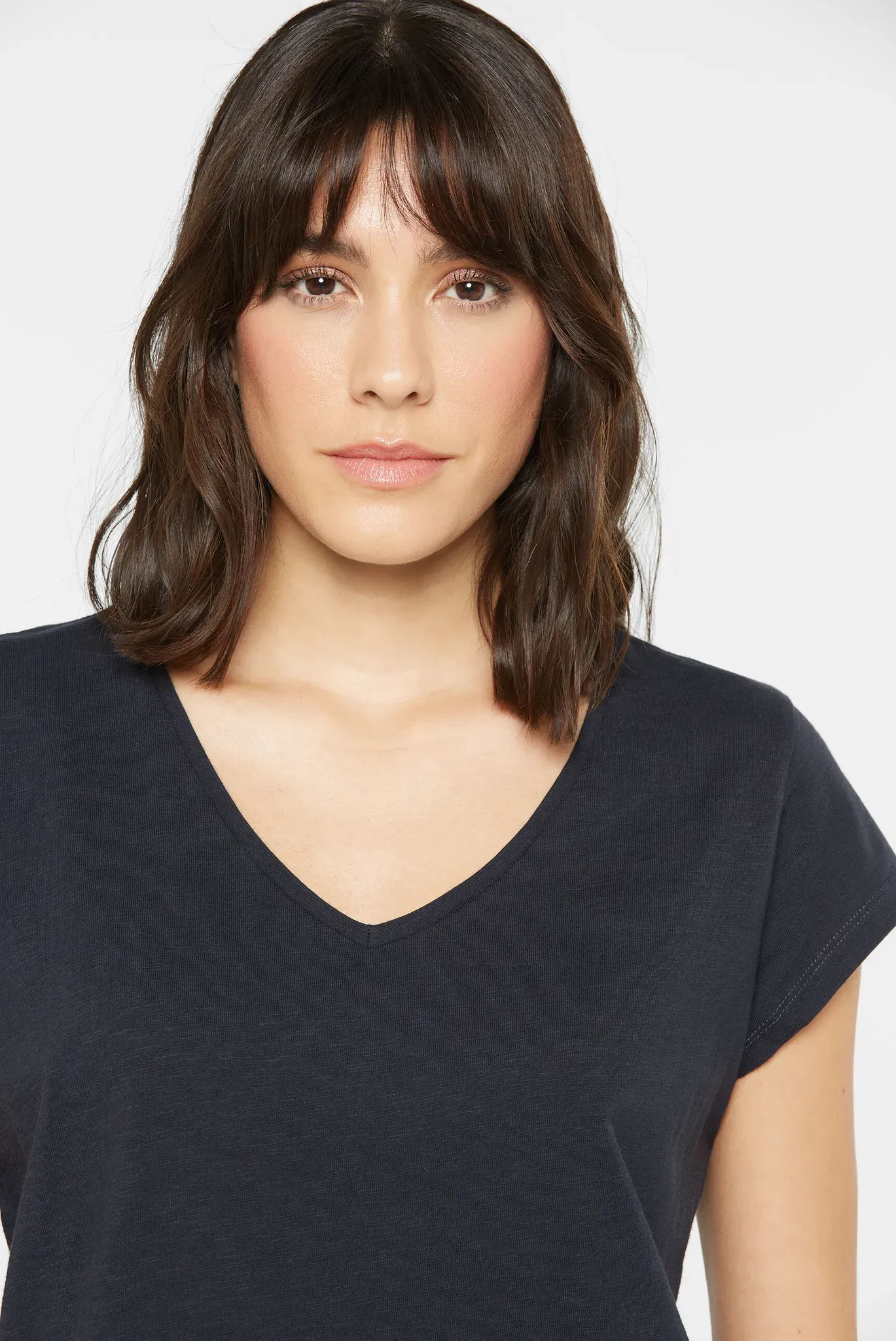 V-Shirt SENSES.THE LABEL, Damen, Gr. 3XL, schwarz (night navy), Single Jersey, Material: 100% Baumwolle, Strukturmuster, regular fit kurz, V-Ausschnitt, eingesetzt gerader Abschluss, Shirts, aus Baumwolle
