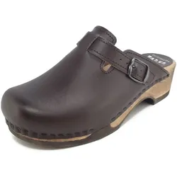 Eva Glattleder Damen Holzclogs, Dunkelbraun