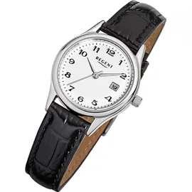 REGENT Damen-Armbanduhr Elegant Analog Leder-Armband schwarz Quarz-Uhr Ziffernblatt weiß URF833