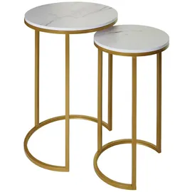 Mendler 2er-Set Beistelltisch HWC-K46, Kaffeetisch Nachttisch Loungetisch, Marmor-Optik MDF ~ weiß-gold