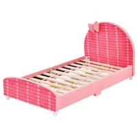 Goplus 140x70cm Kinderbett, Einzelkinderbett mit Verstellbaren Füßen & Kopfende, Bettgestell 0-8 Jahren, bis 150kg Belastbar, Rosa Schleife - Rosa