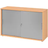 bümö Schiebetürenschrank 2OH - Aktenschrank abschließbar, Sideboard Schrank mit Schiebetüren in Buche/Silber, Bügelgriff - Büroschrank aus Holz mit