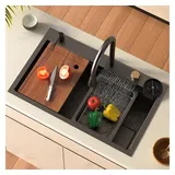 Faizee Home Einbauspüle Edelstahlspüle mit Wasserfall, Schalldämmung, 4-fach Armatur