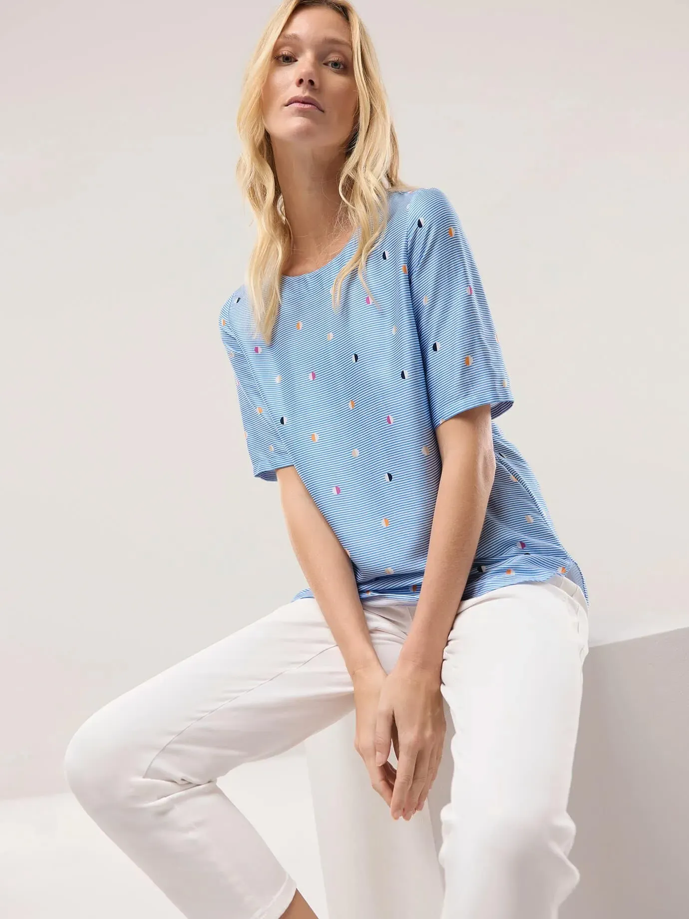 Walbusch Damen T-Shirt-Bluse Extra Leicht Blau gestreift