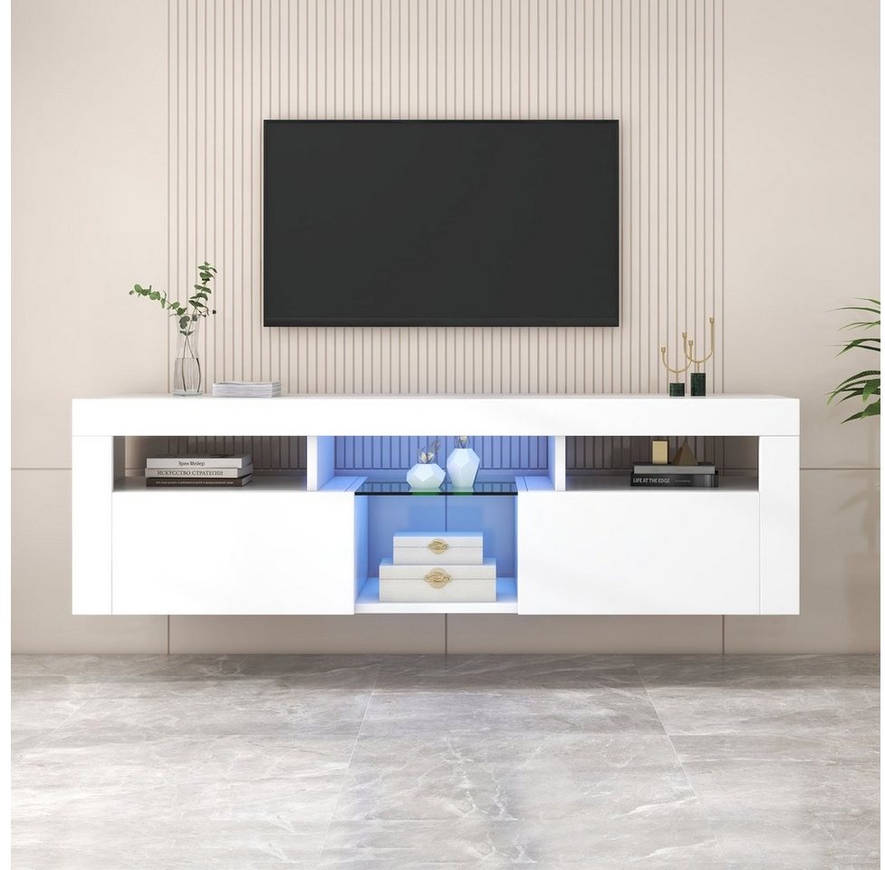 Merax Lowboard Scandi mit Glaseinlegeboden, Fernsehtisch, Wandmontage/Freistehend mit Klapptüren, TV-Schrank hochglänzend, B:140cm weiß