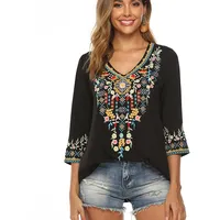 drakloak Bluse Stickerei Damen Boho Oberteile Tunika Folklore Hippie Blusen Bohemian Kleidung(054 BK M) - M