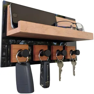 Alakay - Schlüsselbrett | Schlüsselbrett mit Ablage | Hochglanz Schwarz | Schlüssel Organizer | Schlüsselbrett Holz Eiche | Schlüsselkasten Holz | Schlüsselhalter | 26x15x8 cm