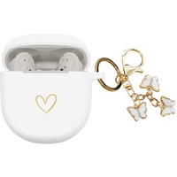 AIIEKZ Kompatibel mit Bose QuietComfort Earbuds II 2022, Weiche Silikonhülle mit Gold Herz Muster für Bose QC II Hülle mit süßem Schmetterling Schlüsselanhänger für Mädchen Frauen (Weiß)