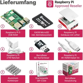 BerryBase Raspberry Pi 5 Starterkit, 64GB microSDHC inkl. Pi OS, Gehäuse, Netzteil, HDMI-Kabel und Zubehör - RAM: 4GB - Farbe: weiß