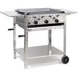 Gasbräter 11kW 3-flammiger Edelstahl-Brenner fahrbar mit Stahlpfanne und Abstellplatten Gasgrill Gastrobräter Profigrill Verein