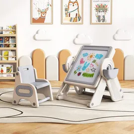 Fantask Kindersitzgruppe 6-in-1 mit Tisch und Stühlen 3-stufig höhenverstellbar grau/beige