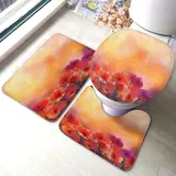 Set 3 Teilig Badvorleger Rote Blumen Gelbe Und Orange Frühlings Blumen Aquarell Art U-Förmigen Contour Matte Dekorative Wasserabsorbierend Konturmatte, Für Badewanne, Badezimmer