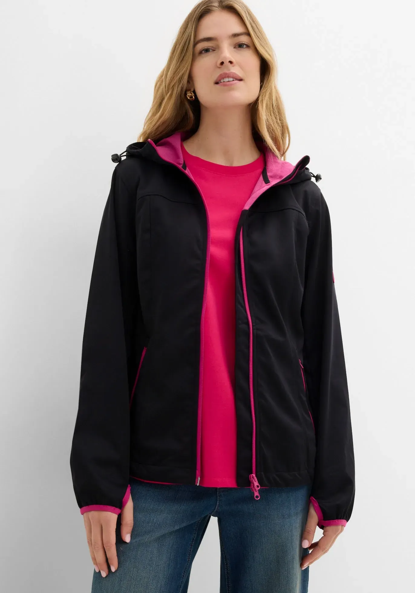 Softshelljacke BONPRIX, Damen, Gr. 50, schwarz, Softshell, Obermaterial: 100% Polyester, kontrastfarbene Details, unifarben, regular fit hüftbedeckend, eingefasste Kante kontrastfarben,mit Daumenlöchern, Jacken Softshelljacke, leichtes Material, mit 2-Wege-Reißverschluss, mit Daumenlöchern