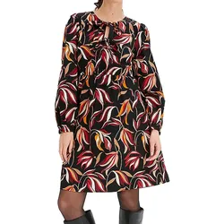 Damen Midi-Kleid florales Sommer-Kleid mit V-Ausschnitt Langarm-Kleid 906117 Schwarz/Bunt - 40