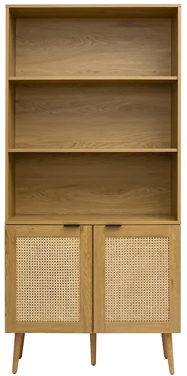 Bücherregal mit heller Holzoberfläche, Rattan und schwarzem Metall-Finish L90 MANILLE