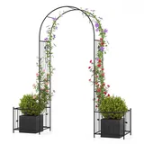 FANTASK Gartenbogen mit 2 Blumenkästen, 198 x 49,5 x 221 cm, Rosenbogen aus Metall mit Pflanzkästen, Torbogen für Kletterpflanzen, Rankbogen für Garten