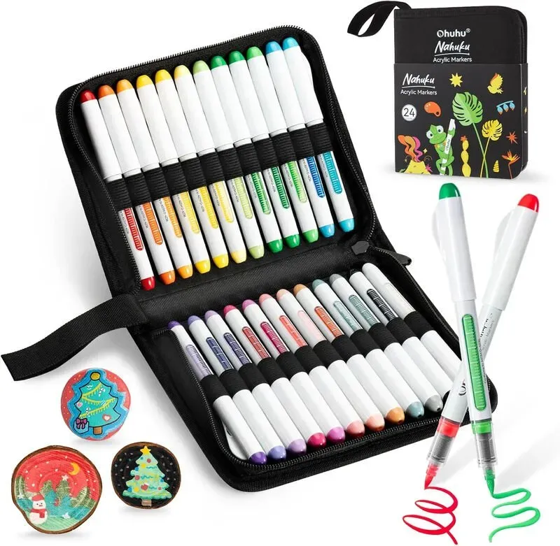 Ohuhu acrylfarbstifte, 24 farben: 1,5 mm bürstenspitzen, acrylmarker mit hoher deckkraft, wasserfeste, lichtbeständige farbmarker, für ostereier, malen, zeichnen