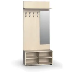 Garderobenwand PRIMO WOOD, Schuhregal + Spiegel, 4 Haken, Ablage, Birke