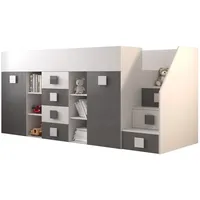 QMM TraumMöbel Hochbett TELLY 3 mit Treppe rechts (Bett, Schrank, Schreibtisch, Schubladen, Regale, Treppe) ausziehbarer Schreibtisch grau