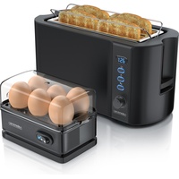 Arendo - Set Toaster mit Eierkocher SIXCOOK Edelstahl Schwarz, Toaster 4 Scheiben, LED-Display, 6 Bräunungsgrade, Brötchenhalter - Eierkocher