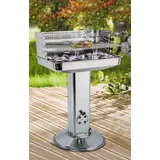 Säulengrill mit 5-fach höhenverstellbarem Grillrost, 2 Klapp-Haltegriffen, Warmhalterost, Windschutz und Ascheschublade, rostfreier Edelstahl - Silber