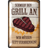 LANOLU Retro Blechschilder Grillen - SCHMEIß DEN GRILL AN wir müssen Fett verbrennen - BBQ Grill Retro Deko, Grillplatz Schild Garten, Papas Grillecke Schild - Metallschilder 20x30 cm